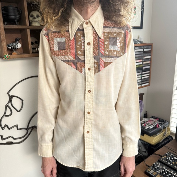 Vintage 60s 70s Quilted Button Down Shirt by Alfie ~ Size Large - Picture 3 of 9